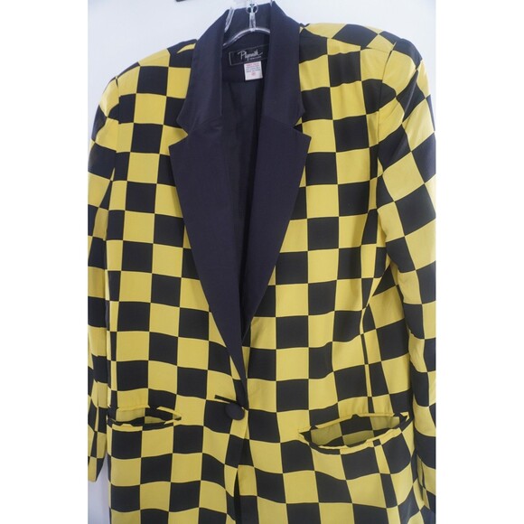 Plymouth Black & Yellow Checkered Statement Tailored Vintage Silk Blazer Size 8 - Picture 9 of 12